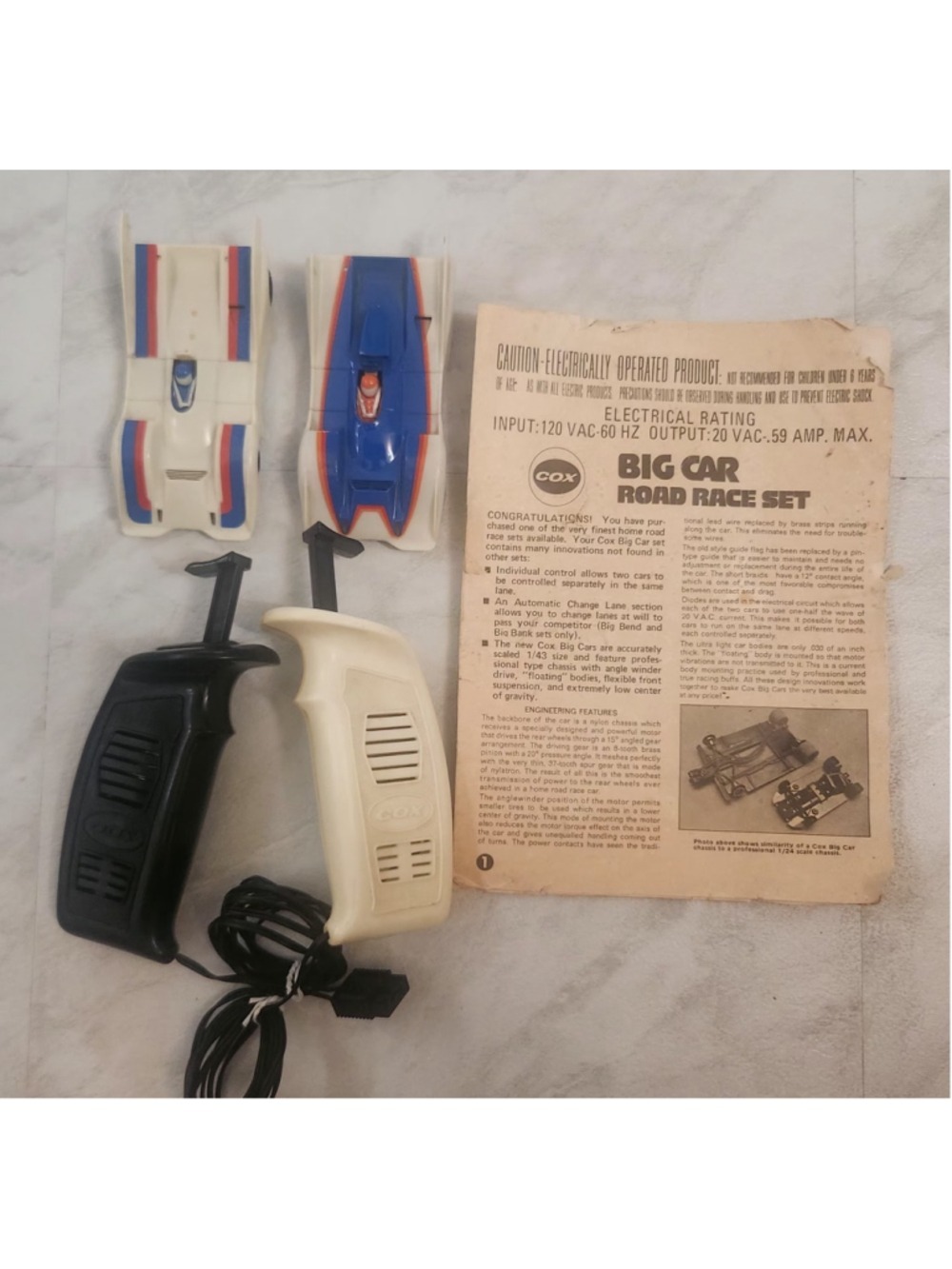 Vintage Cox Big Car Road Race Set 2 Slot Cars Controllers Manual Tested Working